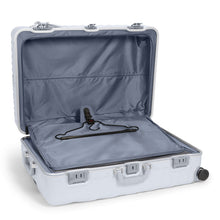 Load image into Gallery viewer, Interior view of the suitcase with the front lid&#39;s garment compartment unzipped. 
