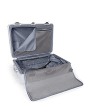 Load image into Gallery viewer, Interior view of the suitcase with the divider panels unzipped. The back panel features a set of adjustable straps to hold your contents in place. 
