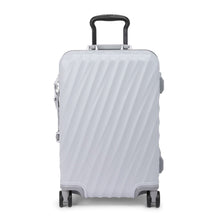 Load image into Gallery viewer, Front panel view of the pearl gray suitcase with black accents. 
