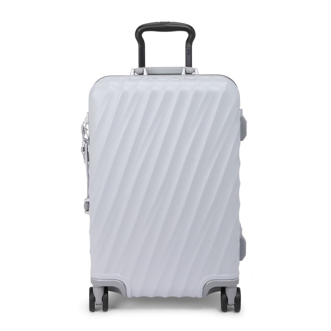 Front panel view of the pearl gray suitcase with black accents. 