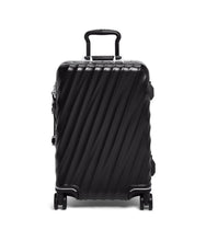Load image into Gallery viewer, Front panel view of the black suitcase with the telescopic handle partly extended. 
