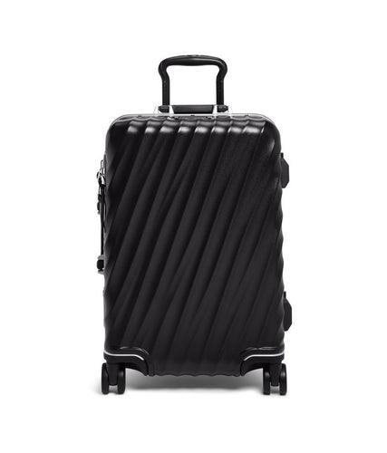Front panel view of the black suitcase with the telescopic handle partly extended. 