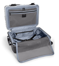 Load image into Gallery viewer, Interior view of the suitcase with the back panel&#39;s divider opened. It shows the adjustable straps to hold your contents in place. 
