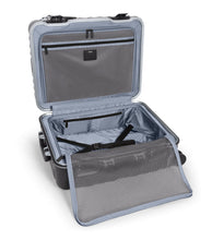 Load image into Gallery viewer, Interior view of the black suitcase showing the back panel&#39;s divider unzipped. It features a set of adjustable straps to hold your contents in place.
