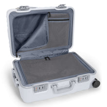 Load image into Gallery viewer, Interior view of the suitcase showing the front panel&#39;s divider unzipped. 
