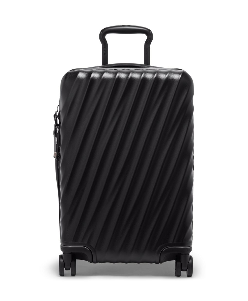 Front panel view of the suitcase with the telescopic handle partly extended.