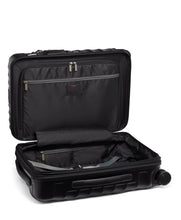Load image into Gallery viewer, Interior view of the suitcase. The front panel side has a zipper-closing divider. The back panel has set of adjustable straps to hold your contents in place.
