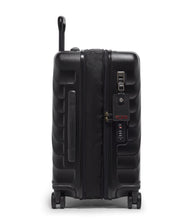 Load image into Gallery viewer, Side panel view of the suitcase with the telescopic handle partly extended. It features a grab handle, a tag, and a TSA approved three-digit combo lock.
