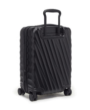 Load image into Gallery viewer, Angled back panel view of the suitcase with the telescopic handle partly extended. Placed on a white background.

