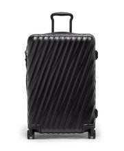 Load image into Gallery viewer, Front panel view of the suitcase with the telescopic handle partly extended. 
