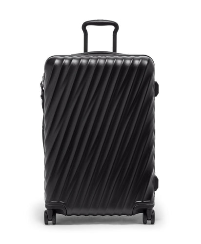 Front panel view of the suitcase with the telescopic handle partly extended. 