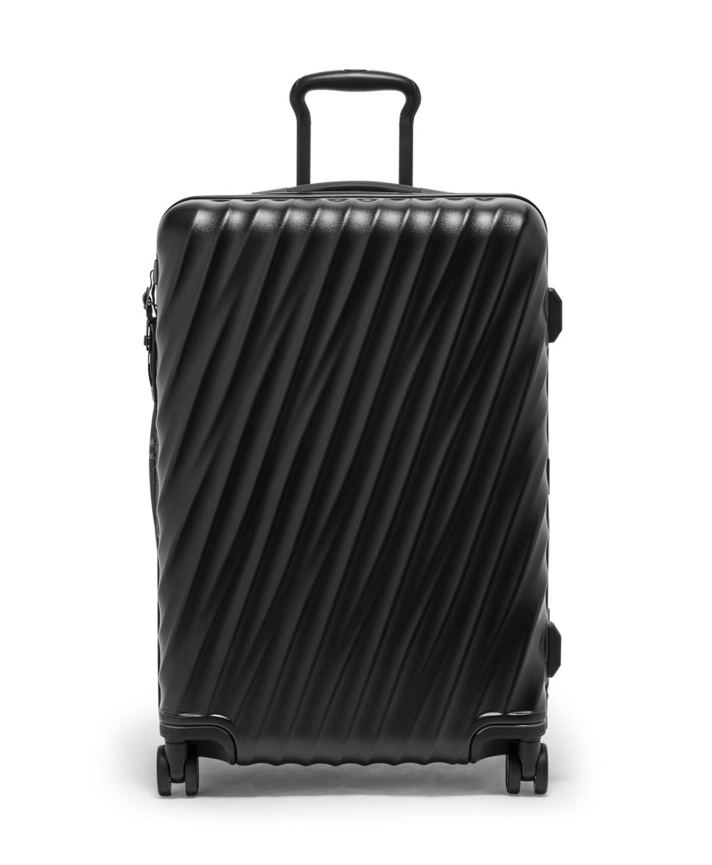 Front panel view of the suitcase with the telescopic handle partly extended. 