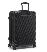 Load image into Gallery viewer, Angled back panel view of the suitcase with the telescopic handle partly extended.

