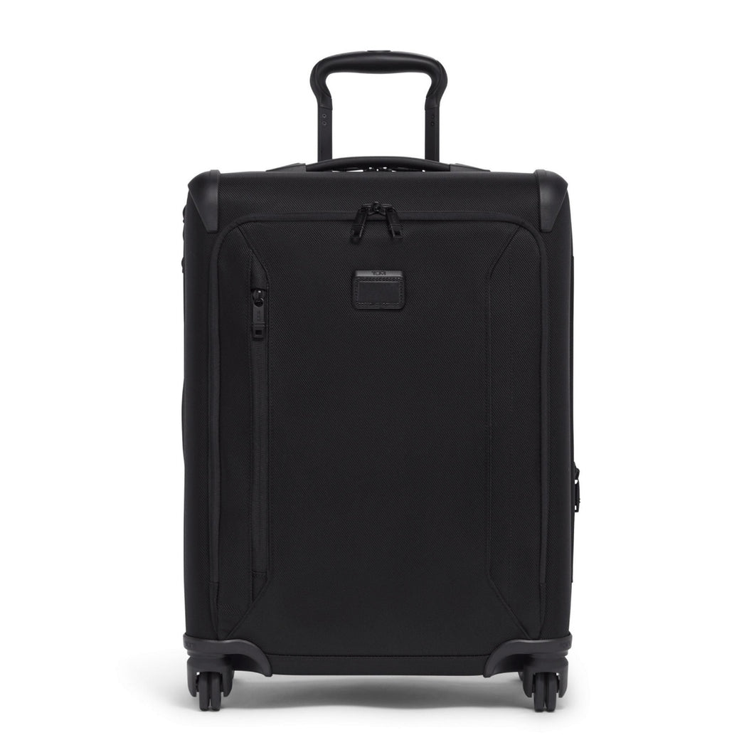 Front panel view of the black suitcase. 