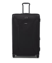 Load image into Gallery viewer, Front panel view of the black suitcase. The telescopic handle is partly extended. 
