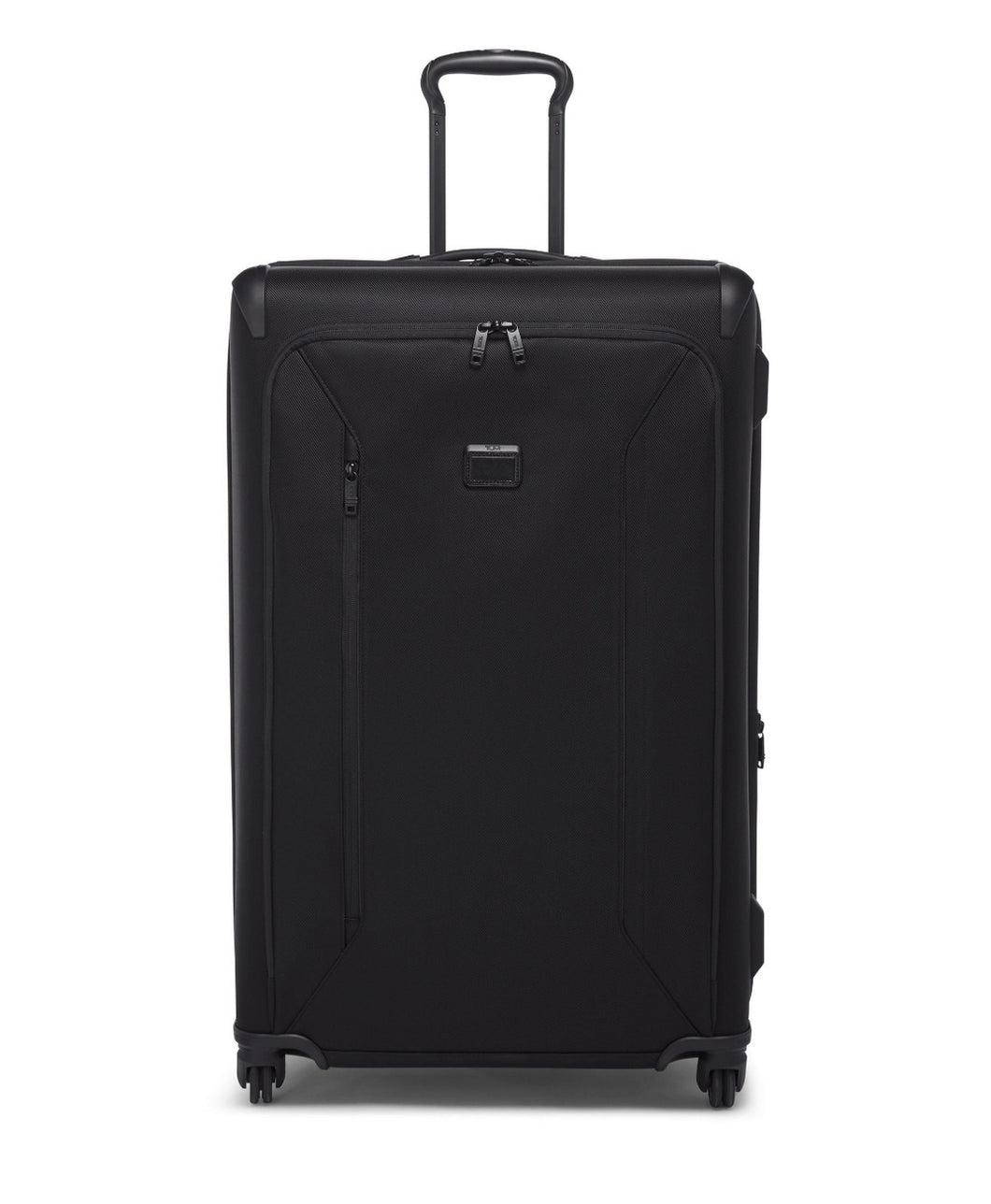 Front panel view of the black suitcase. The telescopic handle is partly extended. 