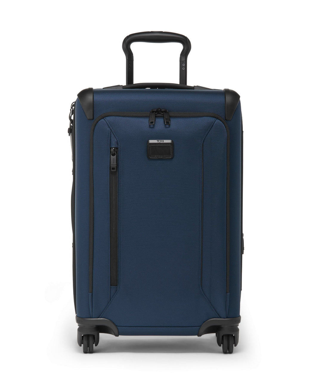 Front panel view of the blue suitcase with black accents. The telescopic handle is partly extended. 