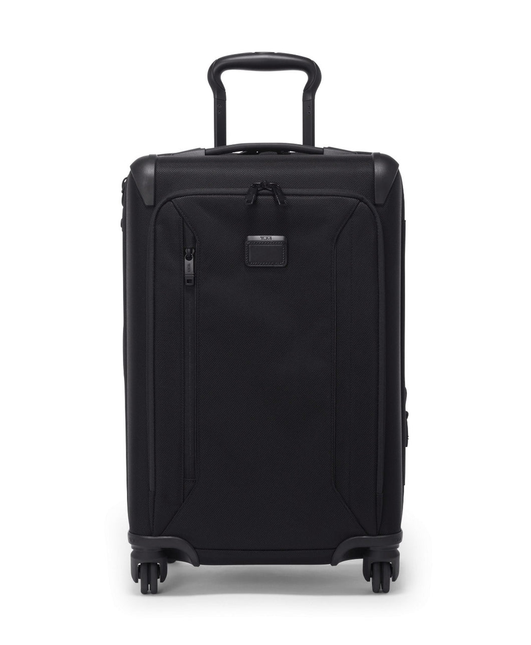 Front panel view of the black suitcase.