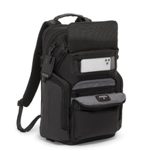 Load image into Gallery viewer, Angled front panel view of the backpack with the front compartments unzipped.
