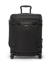 Load image into Gallery viewer, Front panel view of the black suitcase with the telescopic handle partly extended 
