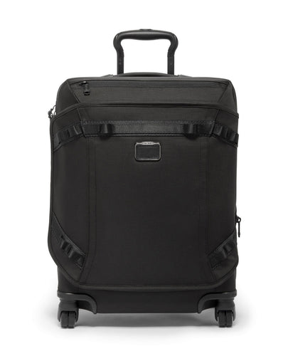 Front panel view of the black suitcase with the telescopic handle partly extended 