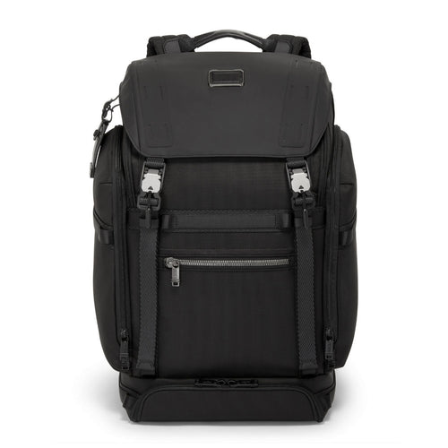 Front panel view of the black backpack. 