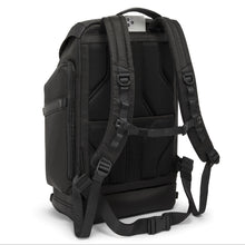 Load image into Gallery viewer, Angled back panel view showing the adjustable shoulder straps, locking belt, and phone compartment under the grab handle. 
