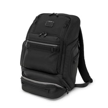 Load image into Gallery viewer, Angled front view of the backpack with the bottom compartment unzipped .
