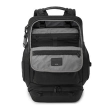 Load image into Gallery viewer, Front panel view of the backpack with the main compartment unzipped. The interior side of the panel has a zipper-closing pocket. 

