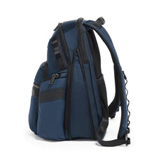 Load image into Gallery viewer, Side panel view of the blue backpack on a white background. 
