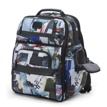 Load image into Gallery viewer, Angled front panel view of the backpack with poster print pattern. The side pocket is unzipped.
