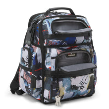Load image into Gallery viewer, Angled front panel view of the backpack with poster print pattern. The two front pockets are unzipped. 
