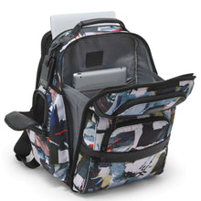 Load image into Gallery viewer, Angled top panel view of the backpack with poster print pattern. All the compartments are unzipped. A laptop and tablet are tucked in their pockets.
