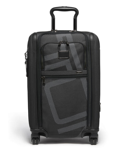 Front panel view of the black suitcase with the telescopic handle partly extended. 