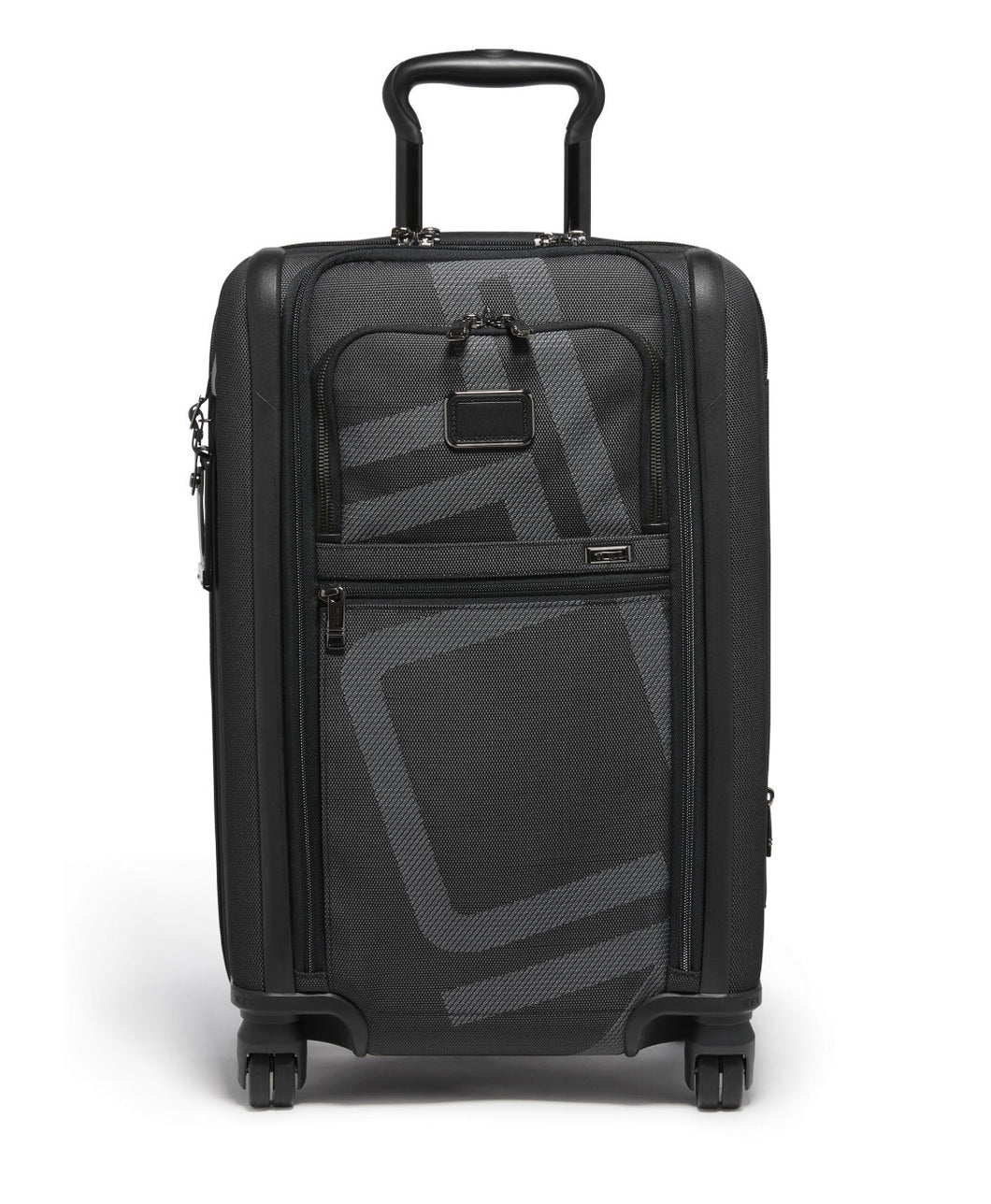 Front panel view of the black suitcase with the telescopic handle partly extended. 
