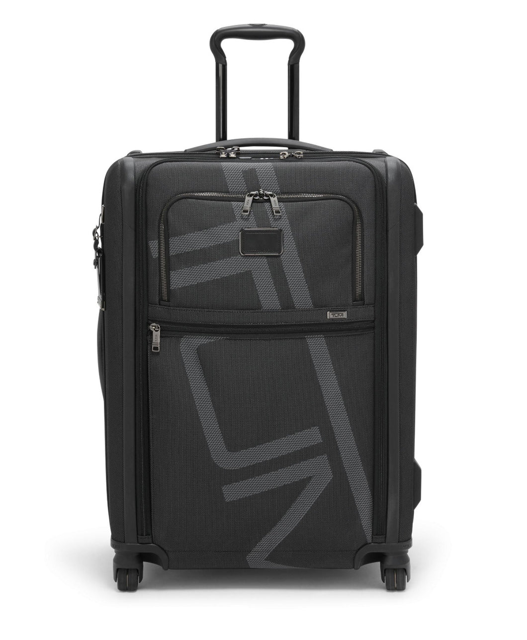 Front panel view of the suitcase with the telescopic handle extended. 