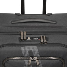Load image into Gallery viewer, Close up to the top of the suticas showing a grab handle and a TSA approved three digit combination lock.
