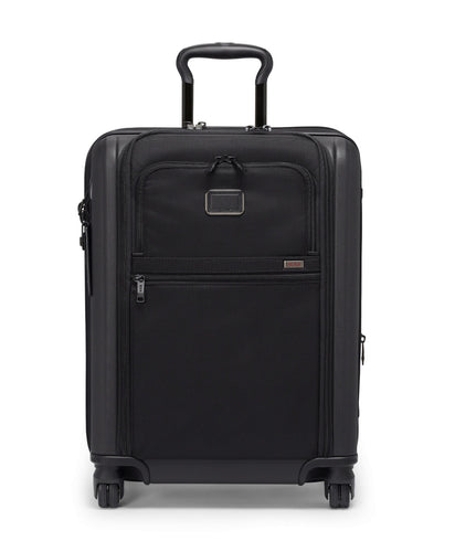 Front panel view of the suitcase with the telescopic handle partly extended. 