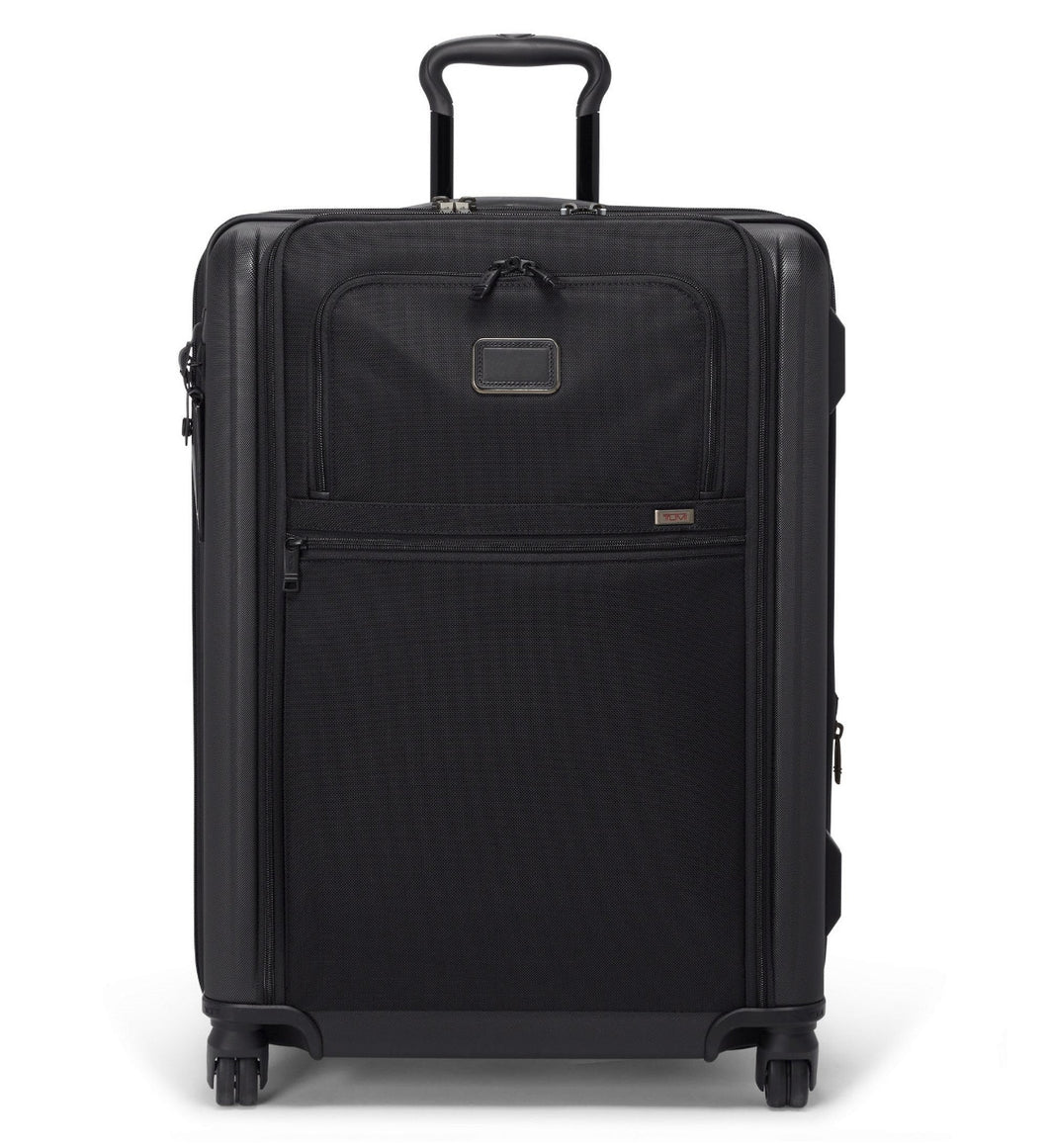 Front panel view of the black soft side suitcase on a white background. 