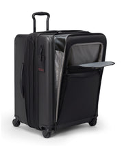 Load image into Gallery viewer, Angled front panel view of the suitcase with the expandable feature and front panels unzipped.
