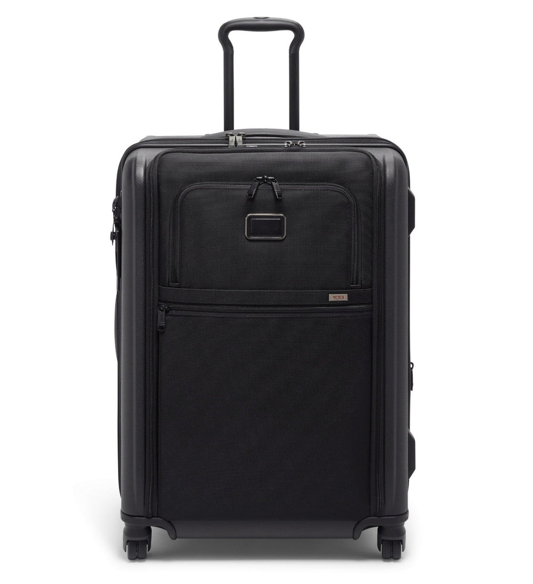 Front panel view of the black suitcase with the telescopic handle extended. 