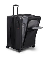 Load image into Gallery viewer, Angled front panel view of the suitcase with the expandable feature and front panels unzipped. 
