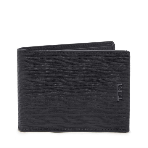 Front panel view of the black billfold wallet. A small Tumi logo is placed on the side. 