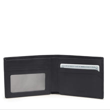 Load image into Gallery viewer, Interior view of the billfold wallet showing a credit card inside a slot on the right side, and a windowed panel for your ID on the left side. 
