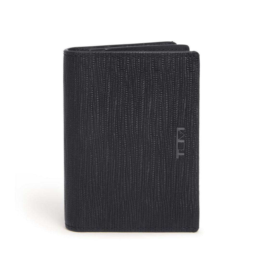 Front panel view of the wallet. A small Tumi logo is embossed on the side. 