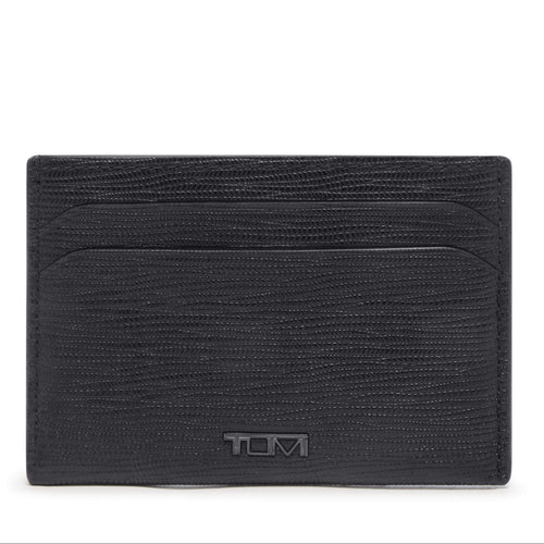 Front panel view of the card case. A small Tumi logo is placed at the bottom center. 