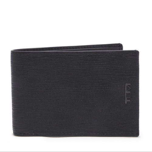 Front panel view of the black wallet. a small Tumi logo is embossed on the side. 