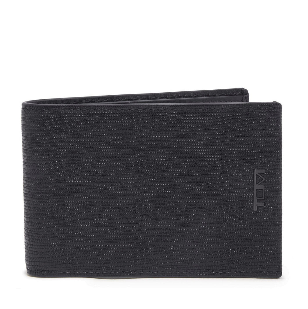Front panel view of the black wallet. a small Tumi logo is embossed on the side. 