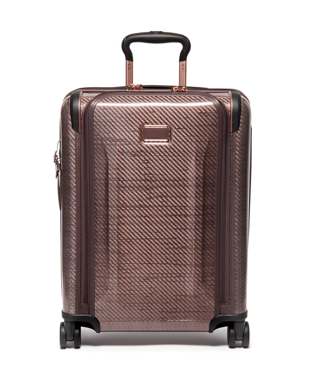 Front panel view of the blush suitcase with black accents. 