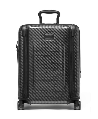 Front panel view of the suitcase with the telescopic handle partly extended. 